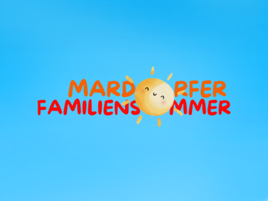Fröhliches Kindersonnen-Design mit dem Schriftzug "Mardorfer Familiensommer" auf blauem Hintergrund.