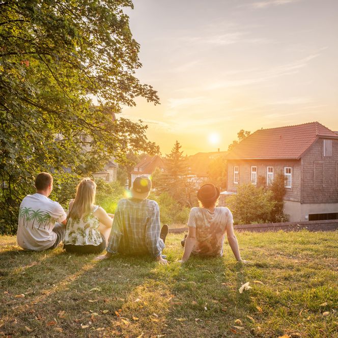 Menschen sitzen auf der Wiese vom Kehrwiederwall und blicken in den Sonnenuntergang
