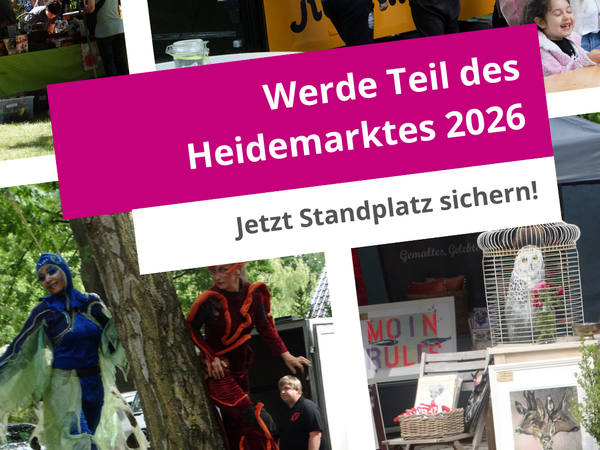 Menschen vor einem Imbissstand mit dem Schriftzug 'Werde Teil des Heidemarktes 2026 Jetzt Standplatz sichern' und verschiedene Markt- und Bühnenaktivitäten im Freien.
