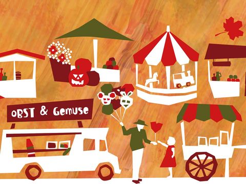 Herbstmart in Hildesheim mit Obst- und Gemüsestand, Karussell und Marktständen vor herbstlich gefärbtem Hintergrund.