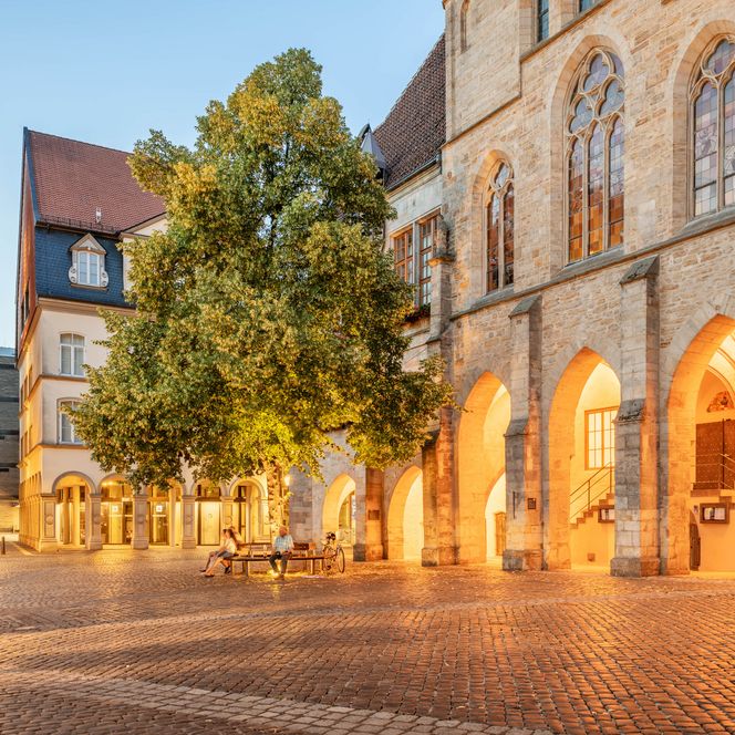 Blick auf das Knochenhauer-Amtshaus und die Stadtschänke am historischen Marktplatz Hildesheim durch einen Torbogen am Rathaus
